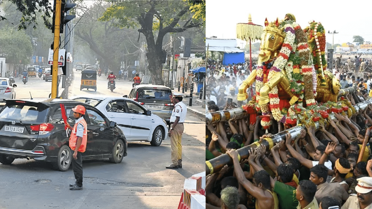 கள்ளழகர் வைகை ஆற்றில் எழுந்தருளல்.. மதுரையில் போக்குவரத்து மாற்றம்! கள்ளழகர் வைகை ஆற்றில் எழுந்தருளல்.. மதுரையில் போக்குவரத்து மாற்றம்!