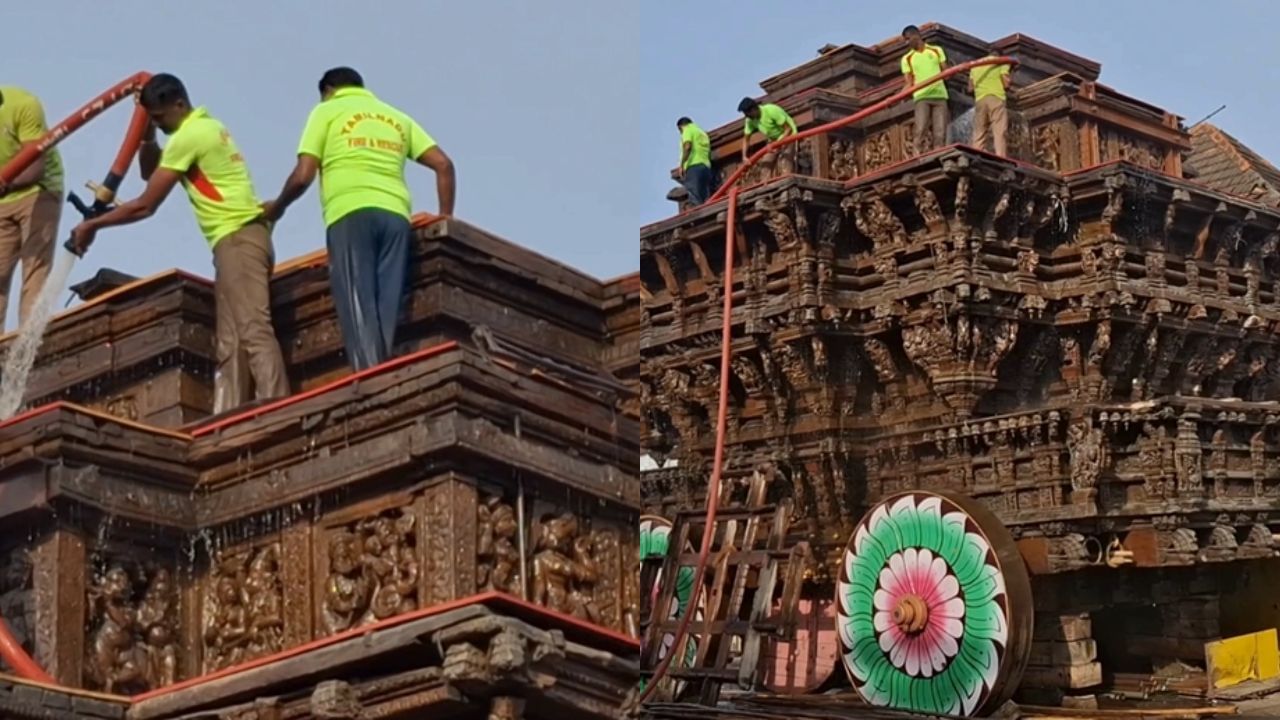 நெல்லையப்பர் கோயில் ஆனித்தேரோட்டம்.. தேரை சுத்தம் செய்யும் பணியில் தீயணைப்புத் துறையினர்..