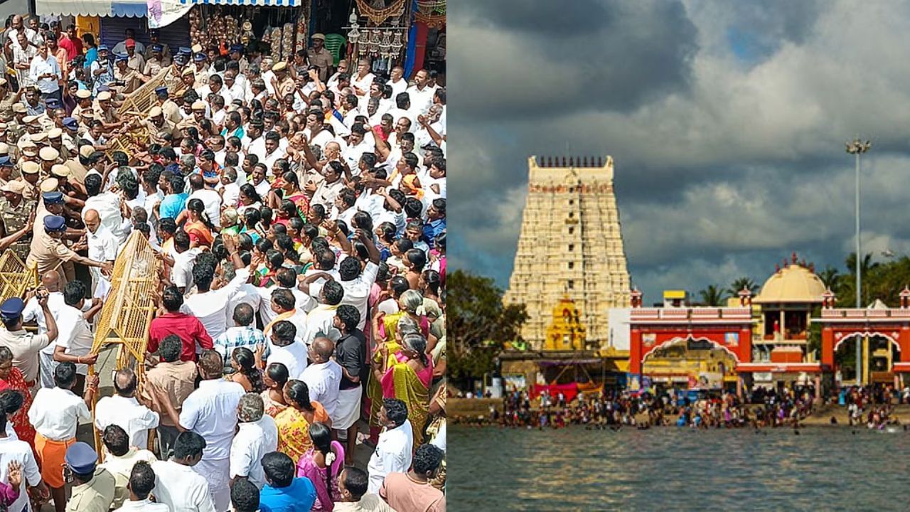 ராமேசுவரம் ராமநாதசுவாமி கோவிலில் பரபரப்பு: 500 பேர் திரண்டு போராட்டம்… ராமேசுவரம் ராமநாதசுவாமி கோவிலில் பரபரப்பு: 500 பேர் திரண்டு போராட்டம்…