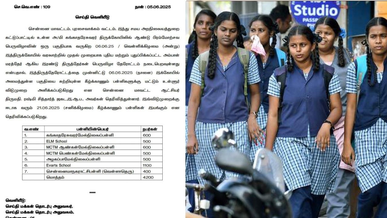 Local Holiday: ஜூன் 6ல் சென்னையில் 7 பள்ளிகளுக்கு மட்டும் விடுமுறை அறிவிப்பு! Local Holiday: ஜூன் 6ல் சென்னையில் 7 பள்ளிகளுக்கு மட்டும் விடுமுறை அறிவிப்பு!