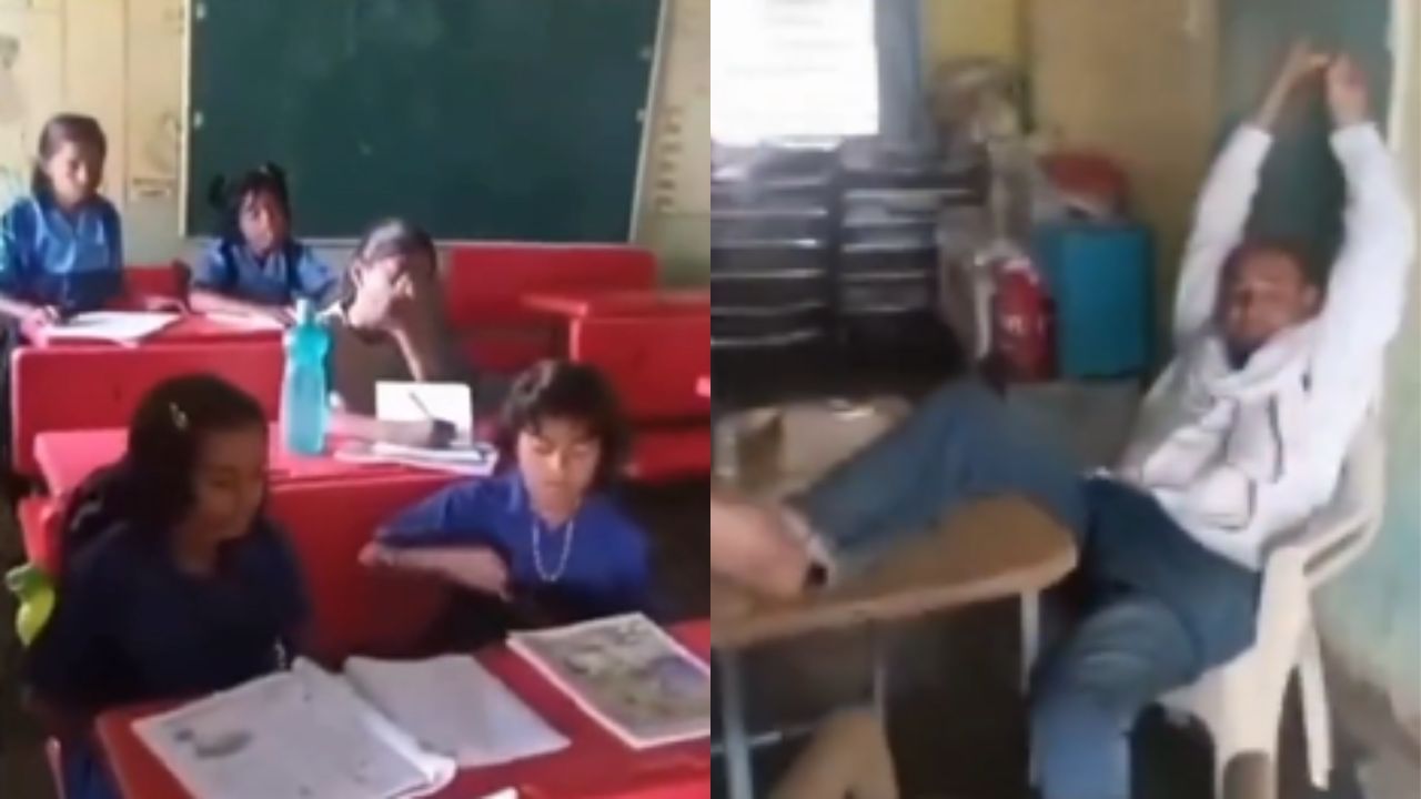 Viral Video : வகுப்பறையில் பாடம் நடத்தாமல் மேஜை மீது கால் வைத்து தூங்கிய ஆசிரியர்.. வைரல் வீடியோ!