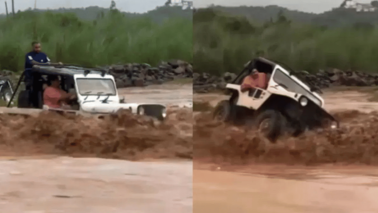 வெள்ளத்தில் ஜீப்போடு அடித்து செல்லப்பட்ட இளைஞர்கள் - வைரலாகும் வீடியோ வெள்ளத்தில் ஜீப்போடு அடித்து செல்லப்பட்ட இளைஞர்கள் - வைரலாகும் வீடியோ