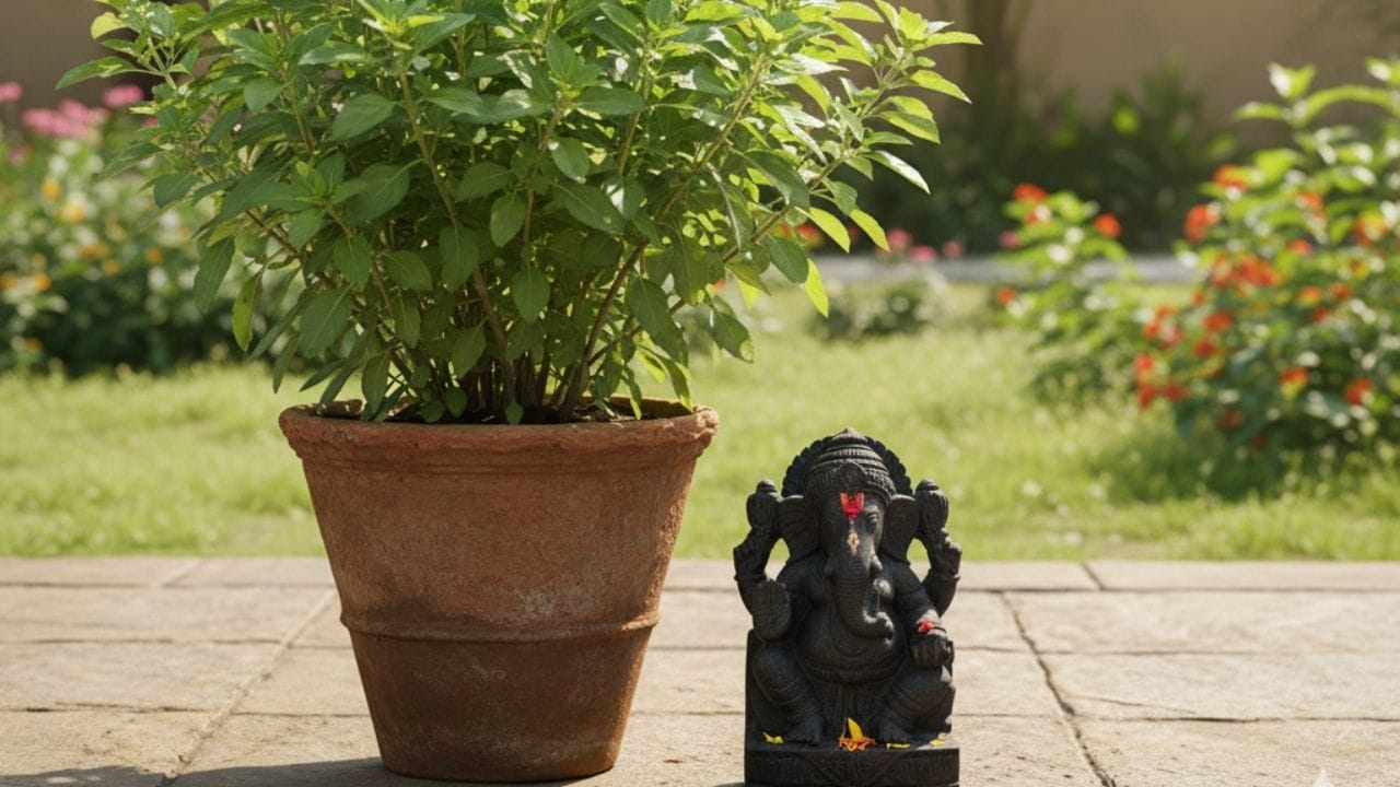 துளசிக்கும் விநாயகப் பெருமானுக்கும் இடையேயான தொடர்பை மற்றொரு புராணக் கதை விளக்குகிறது. துளசி விநாயகரைக் கண்டபோது, ​​அவரைத் திருமணம் செய்துகொள்ள விரும்புவதாகத் தெரிவித்துள்ளார். ஆனால், விநாயகர் அதை மறுத்ததால், துளசி வருத்தமடைந்து, அவர் இரண்டு முறை திருமணம் செய்துகொள்வார் என்று சபித்துள்ளார். இதன் காரணமாக, துளசிச் செடிக்கு அருகில் விநாயகர் சிலைகளை வைப்பது அசுபமானது என்று நம்பப்படுகிறது.