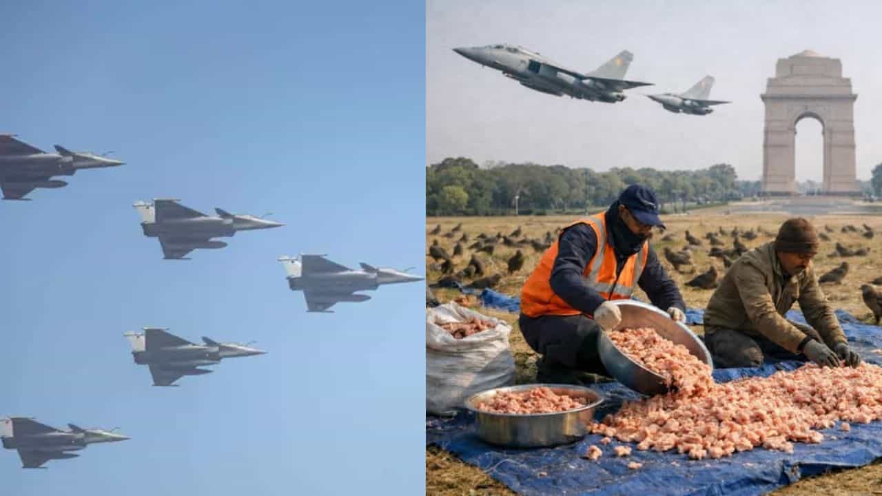 குடியரசு தின நிகழ்ச்சி...போர் விமானங்கள் மீது பறவைகள் மோதுவதை தடுக்க 1,275 கிலோ கோழி இறைச்சி வீசும் நிகழ்வு!