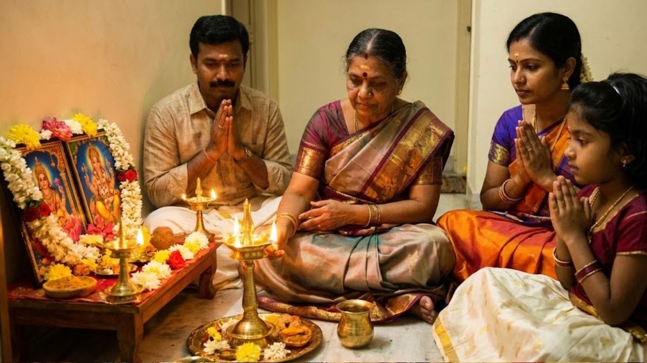 தேவையான பொருட்கள்: மருதாணி இலை, துளசி இலை, மாதுளை இலை (இவை இல்லையெனில் செம்பருத்தி இலை), இரண்டு கிராம்பு, இரண்டு ஏலக்காய், சிறிய துண்டு பச்சை கற்பூரம், ஆறு ஒரு ரூபாய் நாணயங்கள், மஞ்சள், குங்குமம், ஒரு மண் அகல், நெய் மற்றும் ஐந்து திரிகள்.