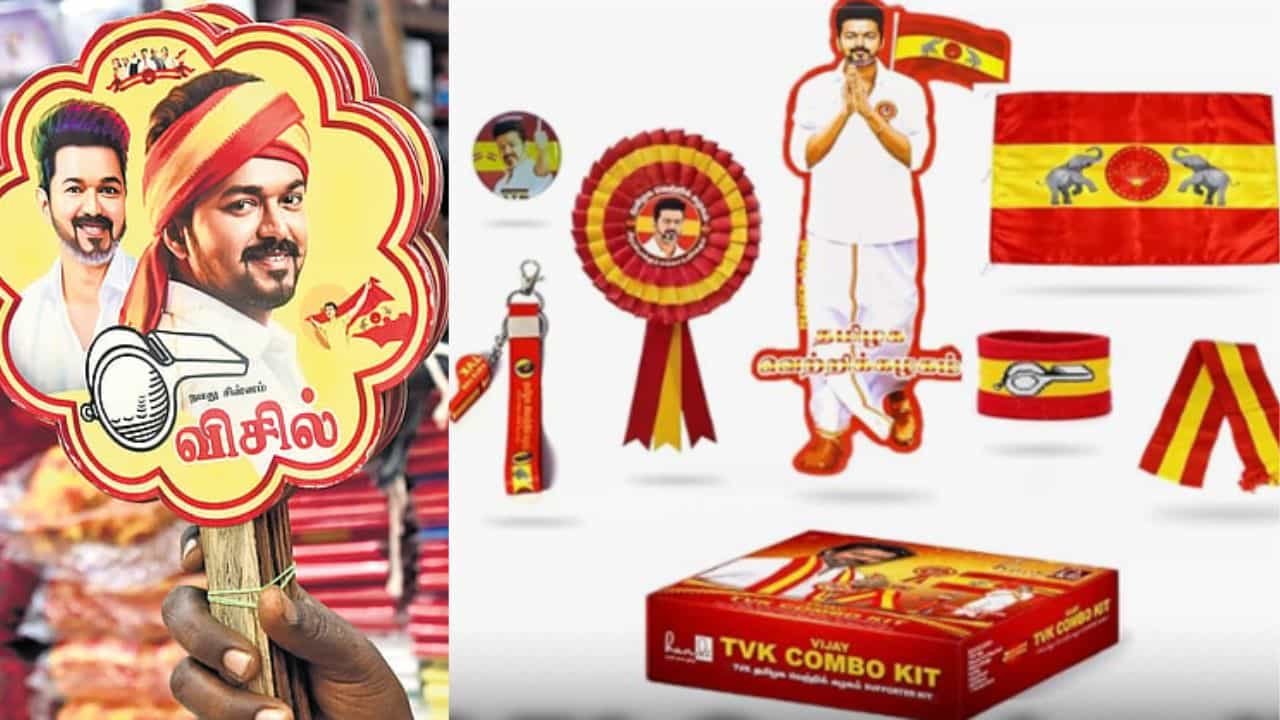 கட்சி சின்னங்கள்- பெயர்கள் அச்சிடப்பட்ட பொருள்கள் விற்பனை சூடுபிடிப்பு... முதலிடத்தில் தவெக.. முழு விவரம் உள்ளே!