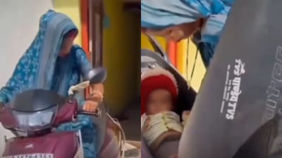 குழந்தையை ஸ்கூட்டர் ஸ்டோரேஜில் வைத்து ஓட்டிச் சென்ற பெண்!