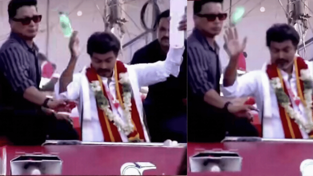 தவெக தலைவர் விஜய்யின் தலை மீது பட்டு தெறித்த பாட்டில்!