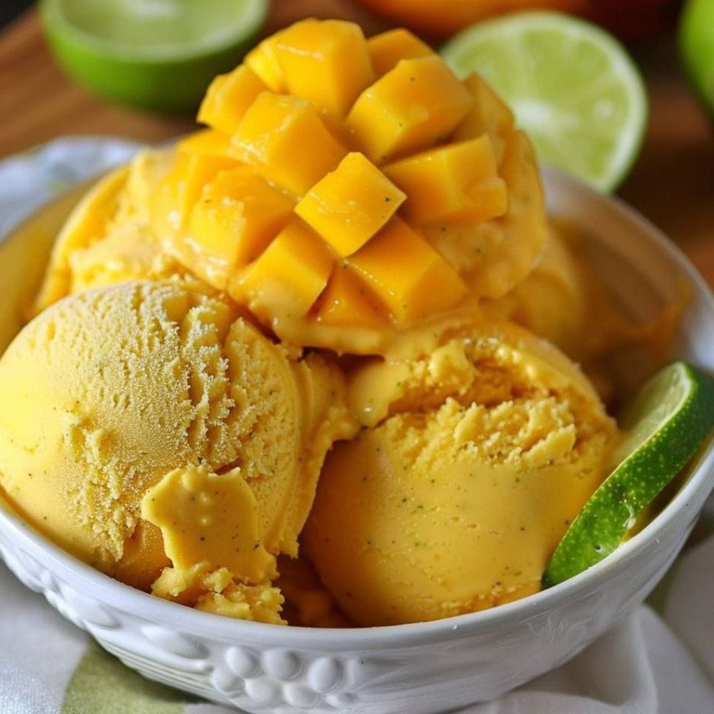 உறைந்த பிறகு ஐஸ்கிரீமை ஸ்கூப் செய்து கிண்ணங்களில் பரிமாறலாம். மேலே மாம்பழ துண்டுகள் அல்லது டூட்டி-ப்ரூட்டி சேர்த்து அலங்கரிக்கலாம். இது கோடைக்காலத்தில் குளிர்ச்சியையும் சுவையையும் தரும் சிறந்த டெசர்ட் ஆகும். வீட்டிலேயே எளிதாக செய்யக்கூடிய ஆரோக்கியமான இனிப்பு உணவாகும்.