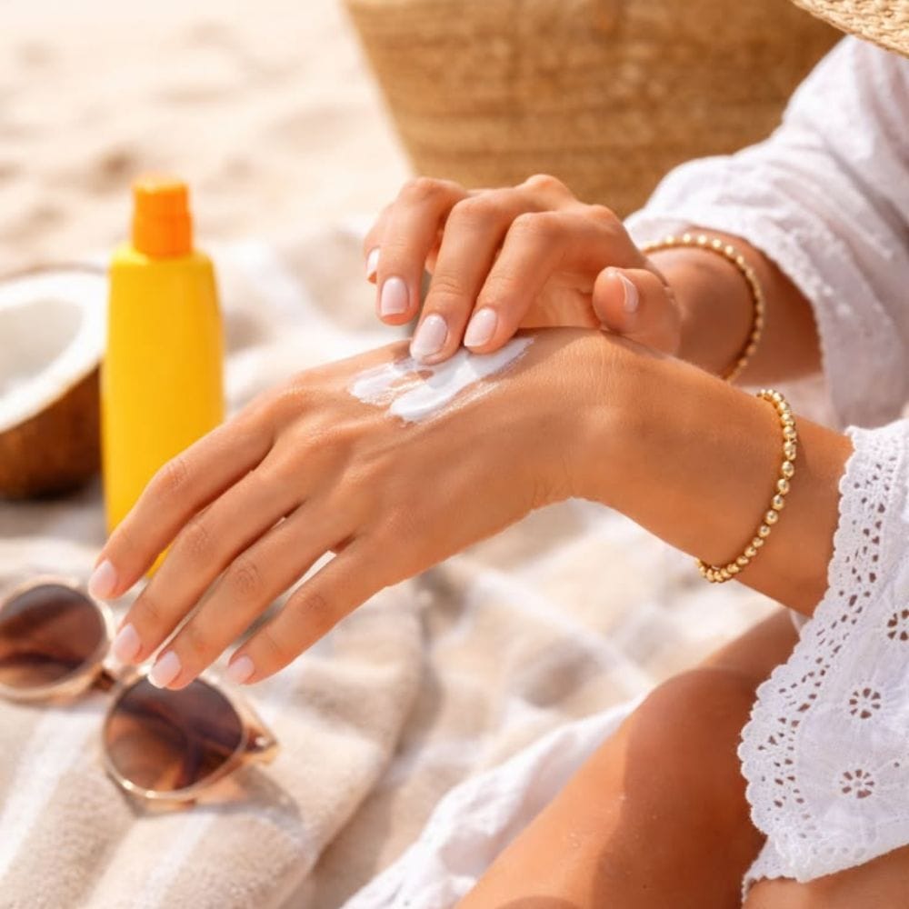 வெளியே செல்வதற்கு 20 நிமிடங்களுக்கு முன்பாகவே தரம் வாய்ந்த சன்ஸ்கிரீனை முகம் மற்றும் கை கால்களில் மறக்காமல் தடவ வேண்டும். இது சூரியனின் புற ஊதாக்கதிர்களால் ஏற்படும் கருமை மற்றும் தோல் சுருக்கங்களைத் தடுத்து உங்கள் சருமத்தின் நிறத்தைப் பாதுகாக்க மிகவும் உதவுகிறது. ஒவ்வொரு இரண்டு மணி நேரத்திற்கு ஒருமுறை சன்ஸ்கிரீனை மீண்டும் பயன்படுத்துவது கோடை வெயிலின் தாக்கத்திலிருந்து சருமத்திற்குத் தேவையான முழுமையான பாதுகாப்பைத் தரும்.