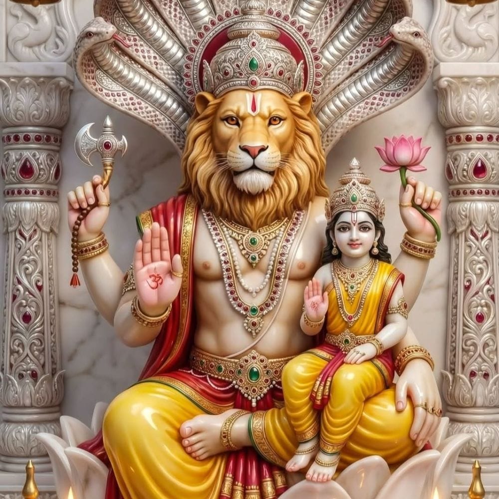 கோபமடைந்த இரணியன் மகனை பலமுறை கொல்ல முயன்றான். ஆனால் நாராயண அருளால் அனைத்து முயற்சிகளும் தோல்வியடைந்தது. ஒரு நாள் தூணில் இறைவன் உள்ளாரா என்று கேட்டு அதை உடைத்தான்.
அந்த தூணிலிருந்து நரசிம்மர் வெளிப்பட்டு அவனை எதிர்கொண்டார்.