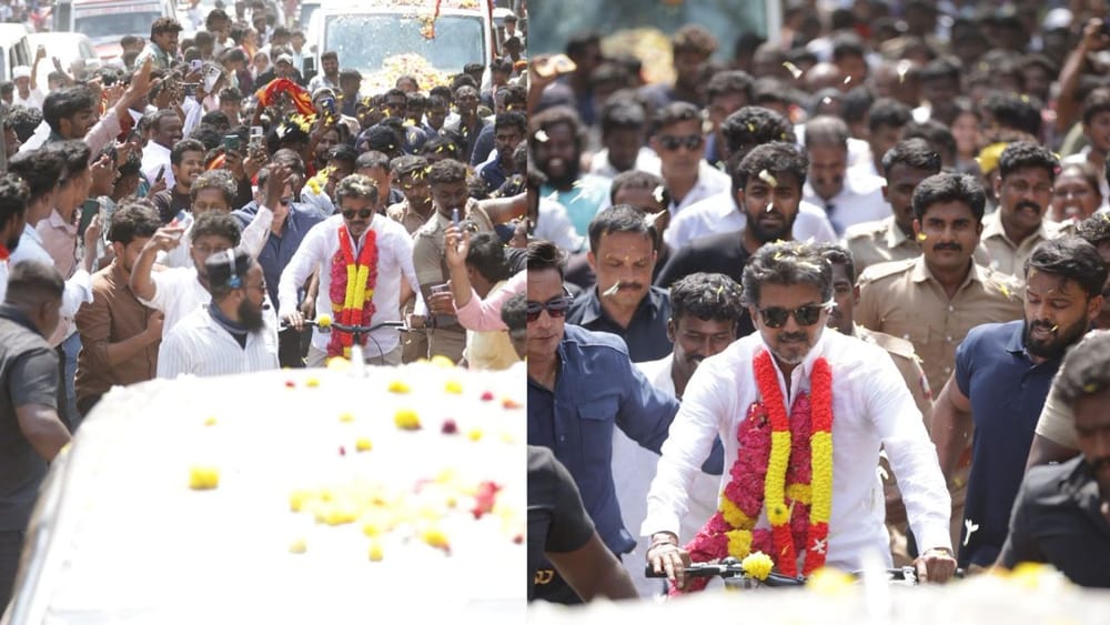 காரைக்குடியில் சைக்கிளில் பிரச்சாரம் செய்த விஜய்..