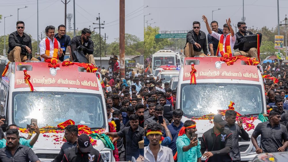 11 கி.மீ தூரம் சாலை வலம் சென்ற விஜய்.. உற்சாக வரவேற்பு