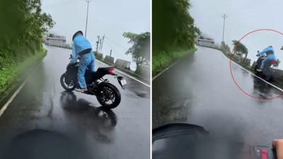 மலை வளைவில் நடந்த விபத்து.. நூலிழையில் உயிர்தப்பிய பைக்கர்