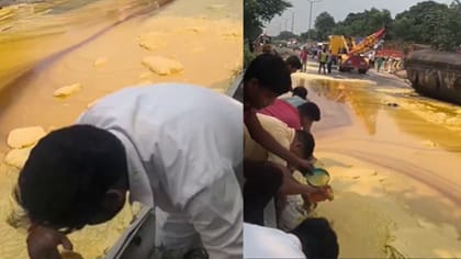 விபத்துக்குள்ளான நெய் லாரி - அள்ளிச் சென்ற பொதுமக்கள்!