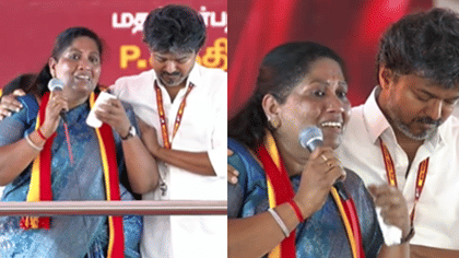 மேடையில் தேம்பி அழுத சத்யபாமா - ஆறுதல் சொன்ன முதல்வர் விஜய்..