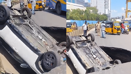 திருவான்மியூரில் சாலையில் திடீரென ஏற்பட்ட பள்ளம் – கவிழ்ந்த கார்