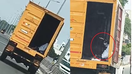 ஓடும் லாரியில் ஜாலியாக பீர் அருந்திய மது பிரியர்கள்!