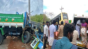 அரசுப் பேருந்தும் லாரியும் நேருக்கு நேர் மோதிப் பயங்கர விபத்து.. சம்பவ இடத்திலேயே நடத்துநர் பலி.. நெல்லையில் பரபரப்பு!