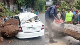 கார் மீது உருண்டு விழந்த ராட்சத பாறை: மனைவி முன் கணவன் மரணம்!...