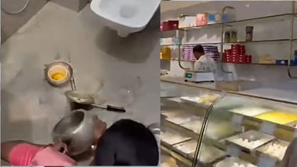 இனிப்புக்கடையில் கழிவறையில் வைத்து கழுவப்படும் பாத்திரம்!